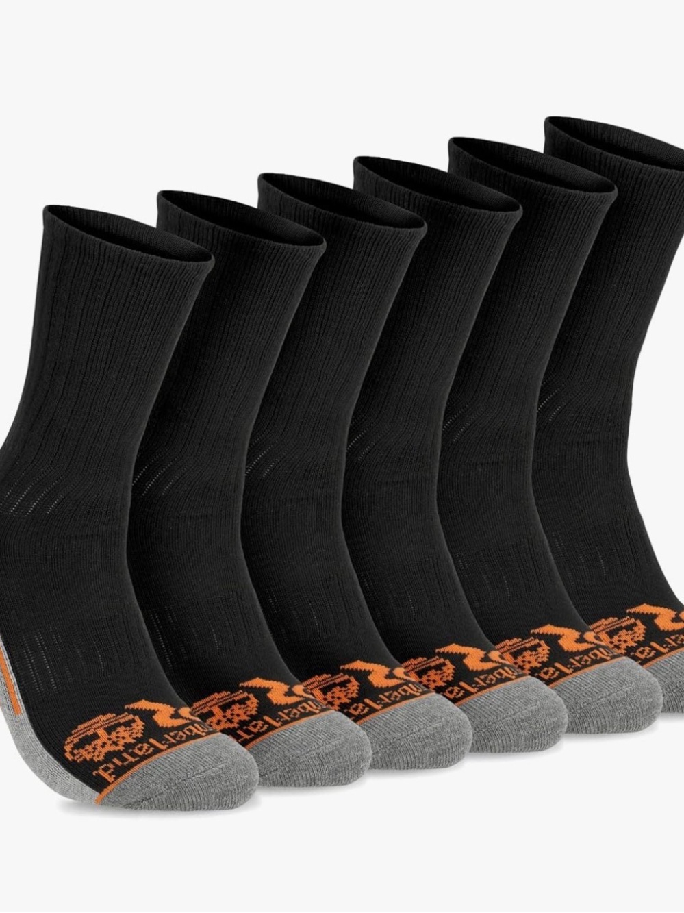 Timberland PRO Black Crew Socks with Gray Toes and Orange Logos - 6 Pack